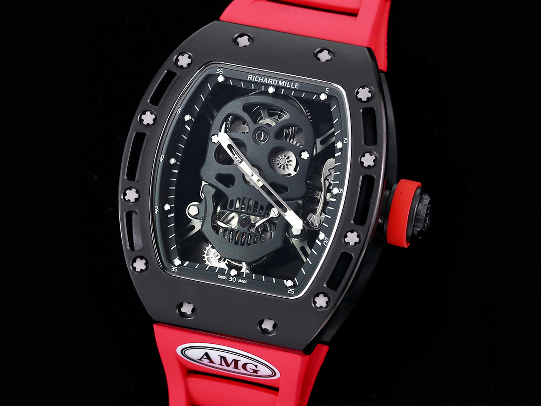 Richard Mille RM052 Titanium Skeleton Tourbillon Black Case Red Rubber Strap Black Skull Dial Angled Front View