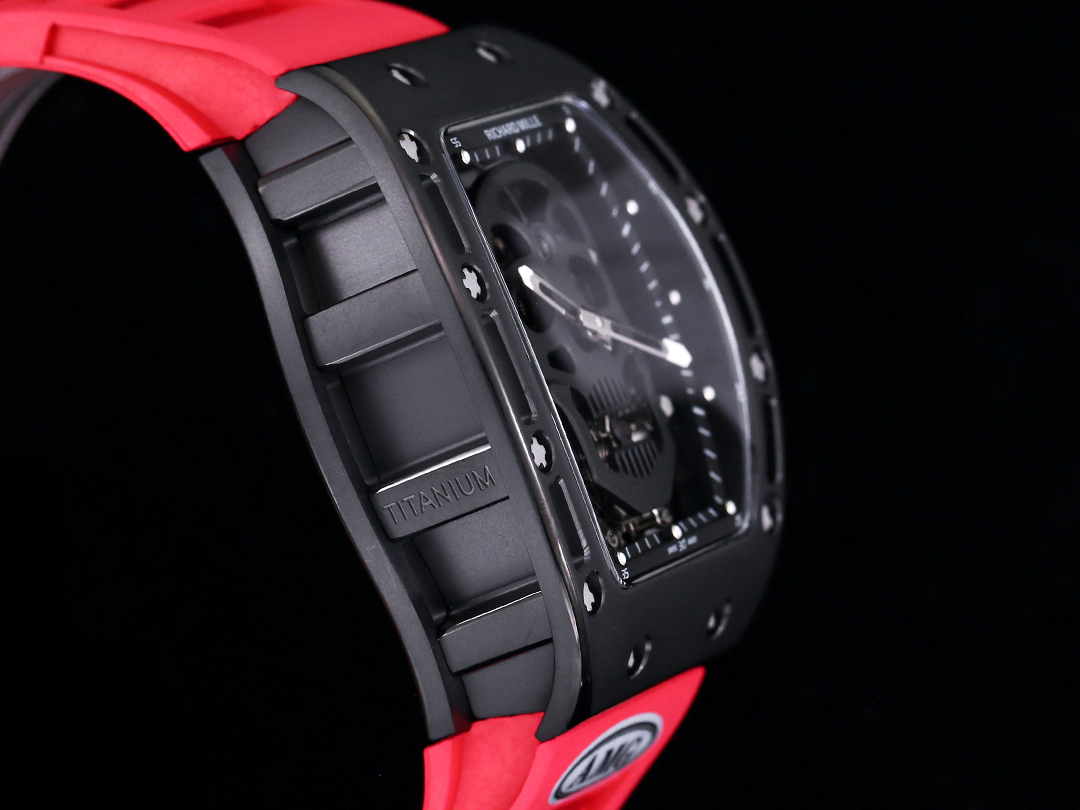 Richard Mille RM052 Titanium Skeleton Tourbillon Black Case Red Rubber Strap Black Skull Dial Case Side Detail