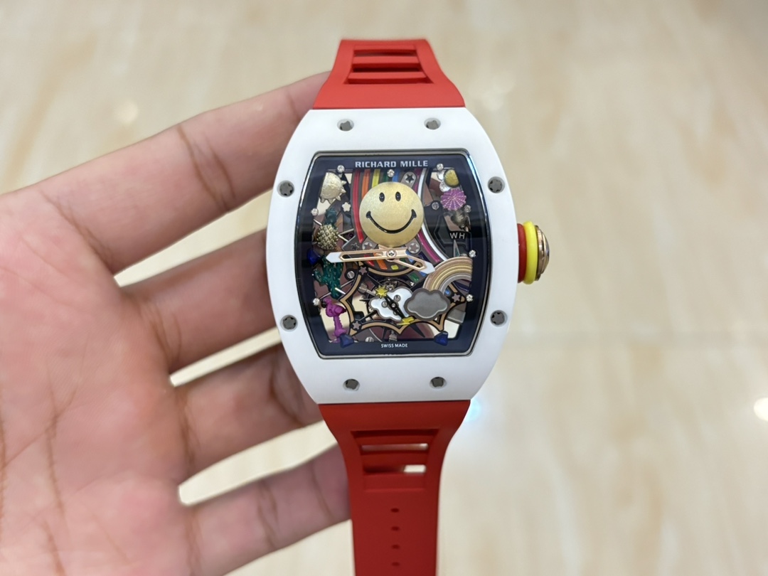 Richard Mille RM88 Smiley Tourbillon White Ceramic Case Red Rubber Strap Front View Handheld
