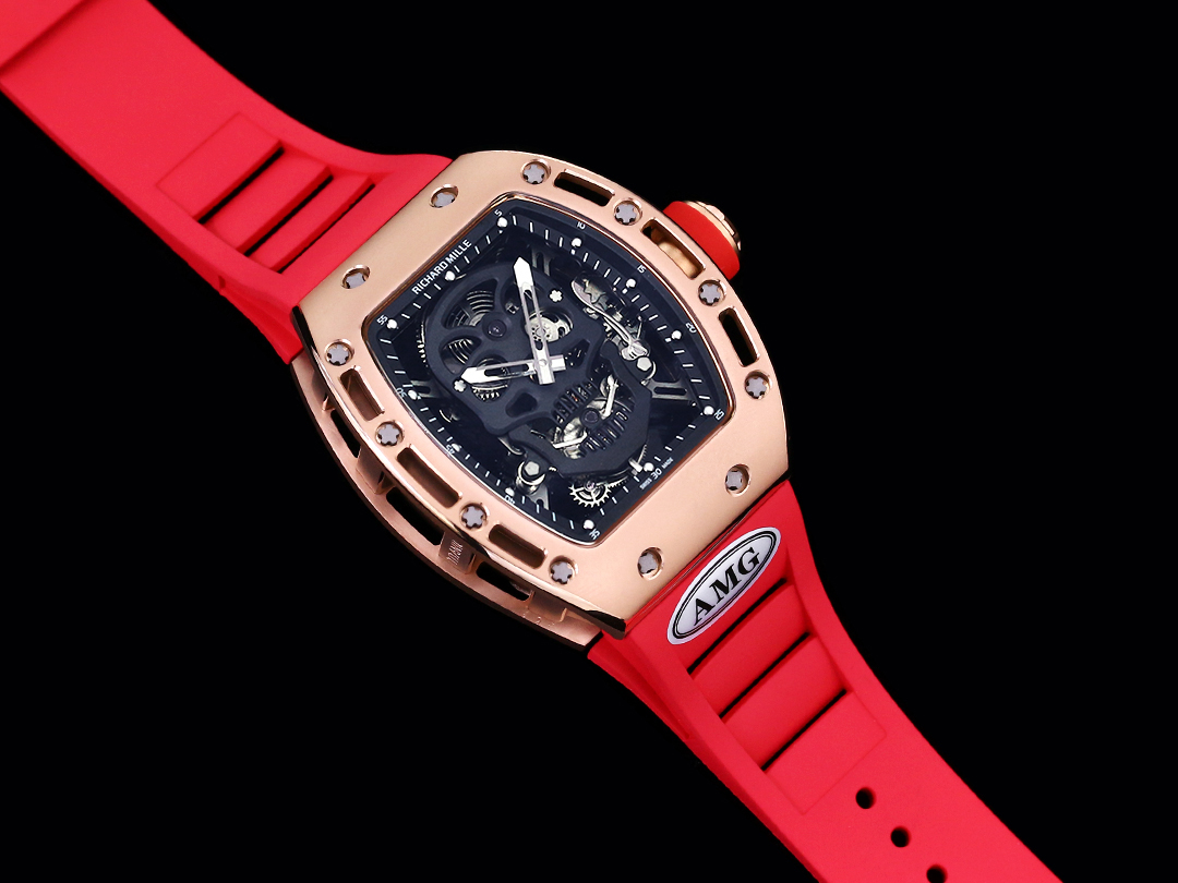 Richard Mille RM052 Collection RM052 Rose Gold Case with Red Rubber Strap Black Skull Skeleton Dial Full Watch Angled View