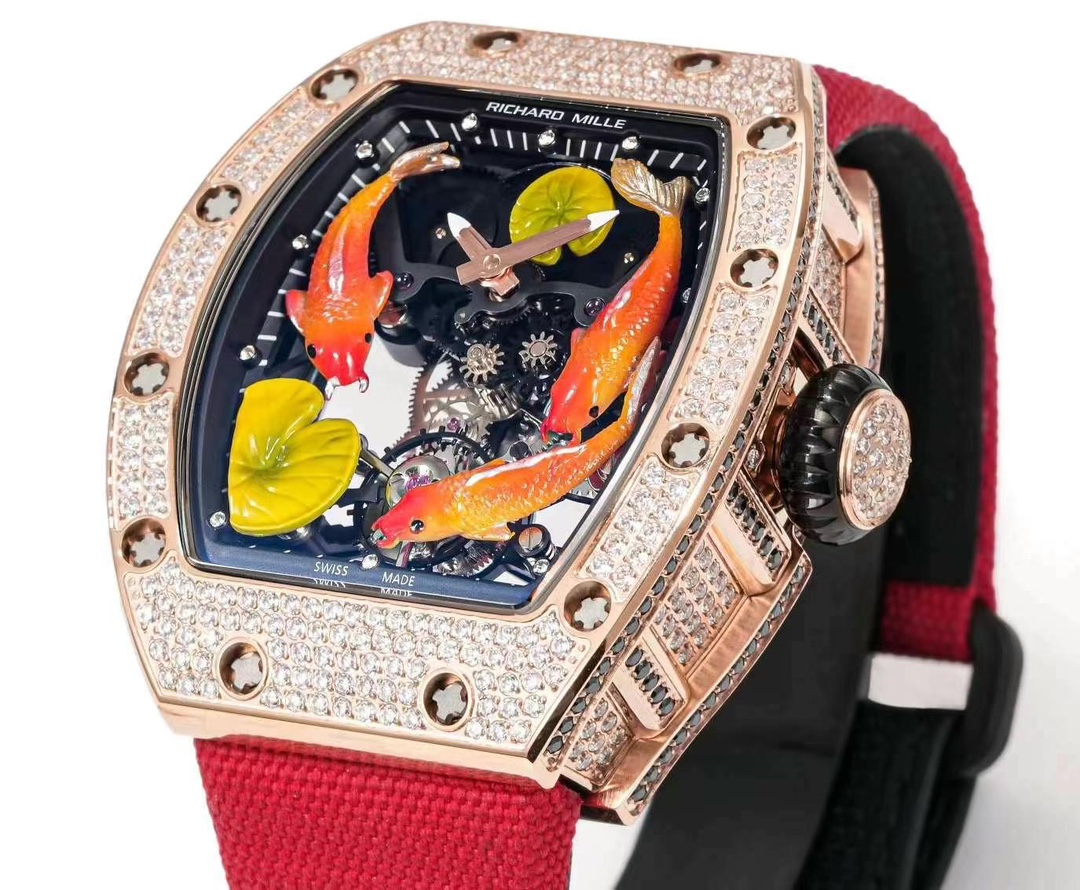 Richard Mille RM S10 Koi Tourbillon Rose Gold Diamond Case Red Nylon Strap Three Quarter View