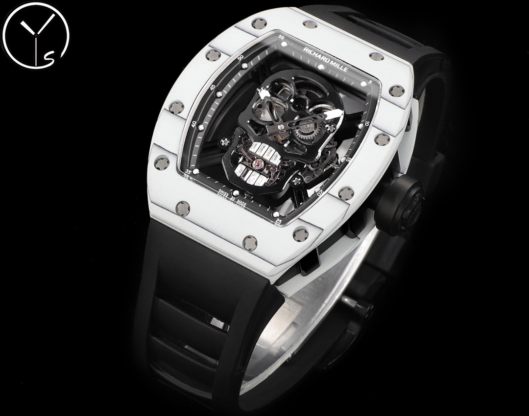 Richard Mille RM 052 Skull White Ceramic Case Black Rubber Strap Skeleton Skull Dial Angled Front View