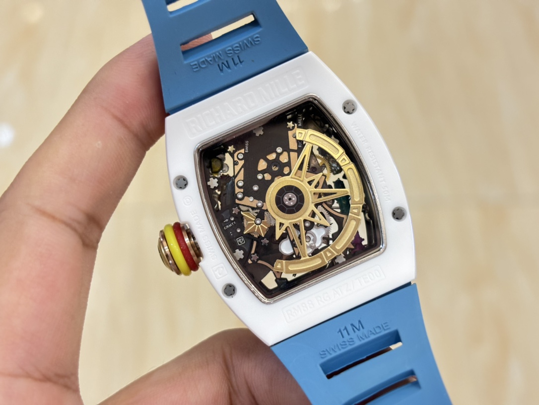 Richard Mille RM88 Smiley Tourbillon White Ceramic Blue Rubber Strap Caseback Movement Detail