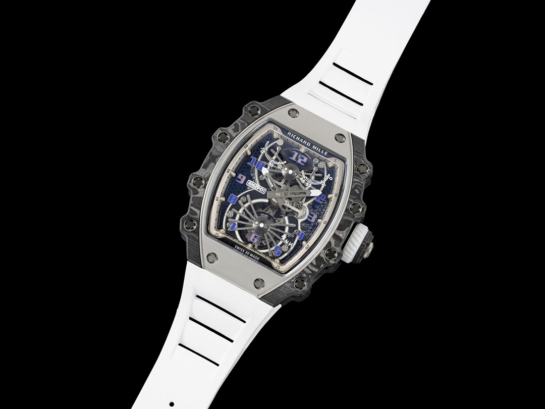 Richard Mille RM 21-01 Aerodyne Tourbillon Replica White Rubber Strap White Black Case Tilted Full View