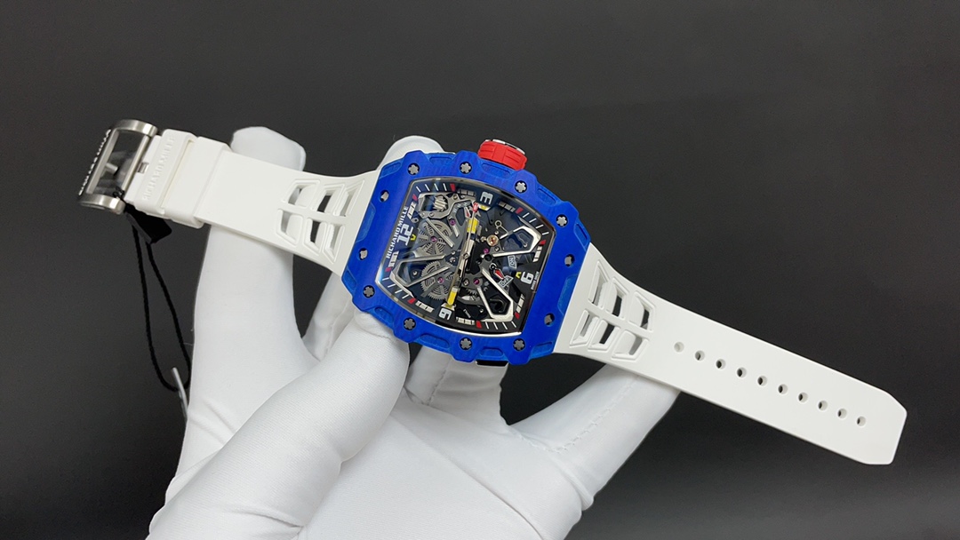 Richard Mille RM Series RM35-03 blue quartz fiber case white rubber strap full open wrist side detail view