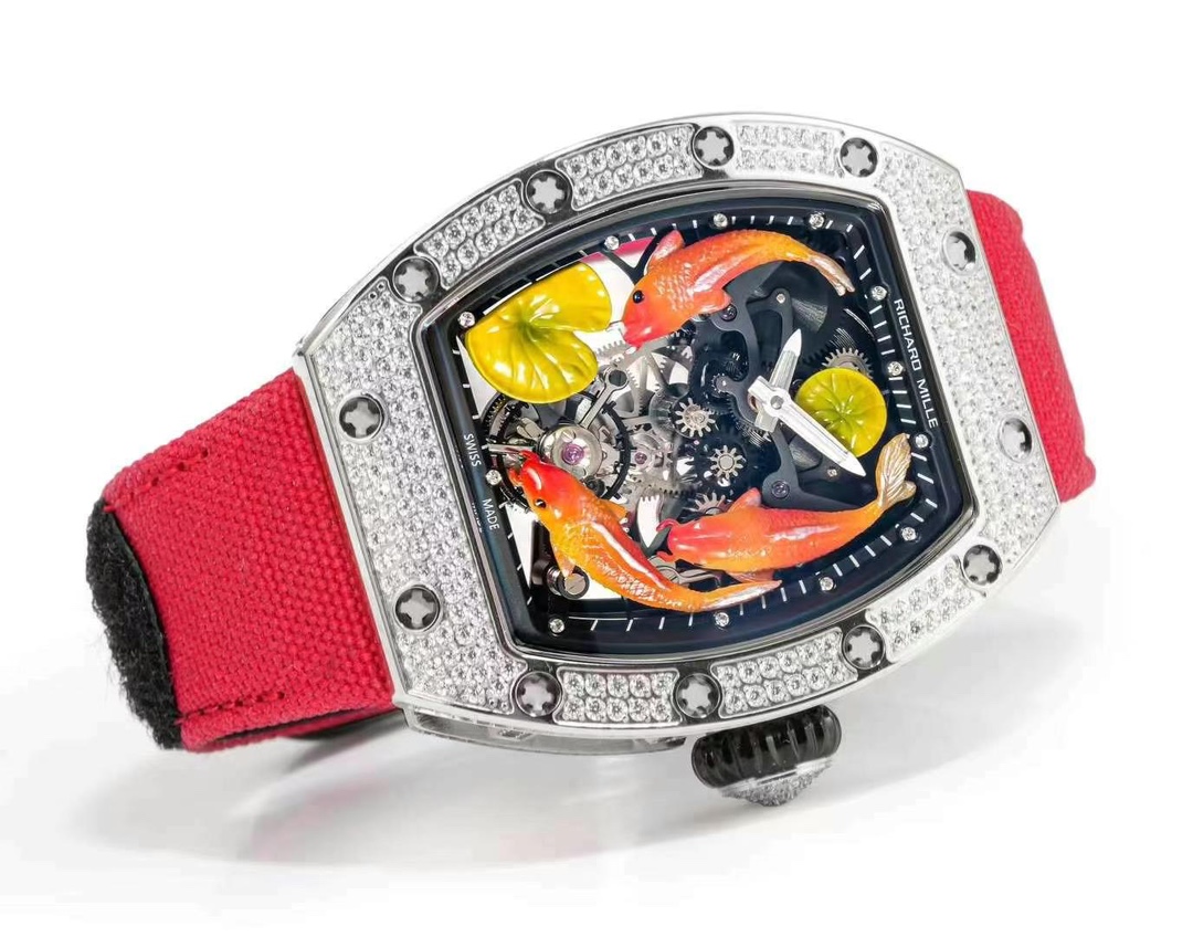 Richard Mille RM S10 Koi Tourbillon Diamond Case Skeleton Dial Red Black Nylon Strap Horizontal View