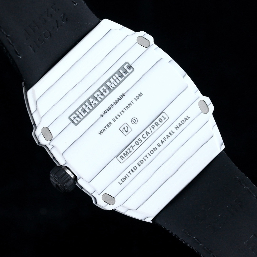 Richard Mille RM27-05 white case black strap tourbillon watch caseback engraving detail view