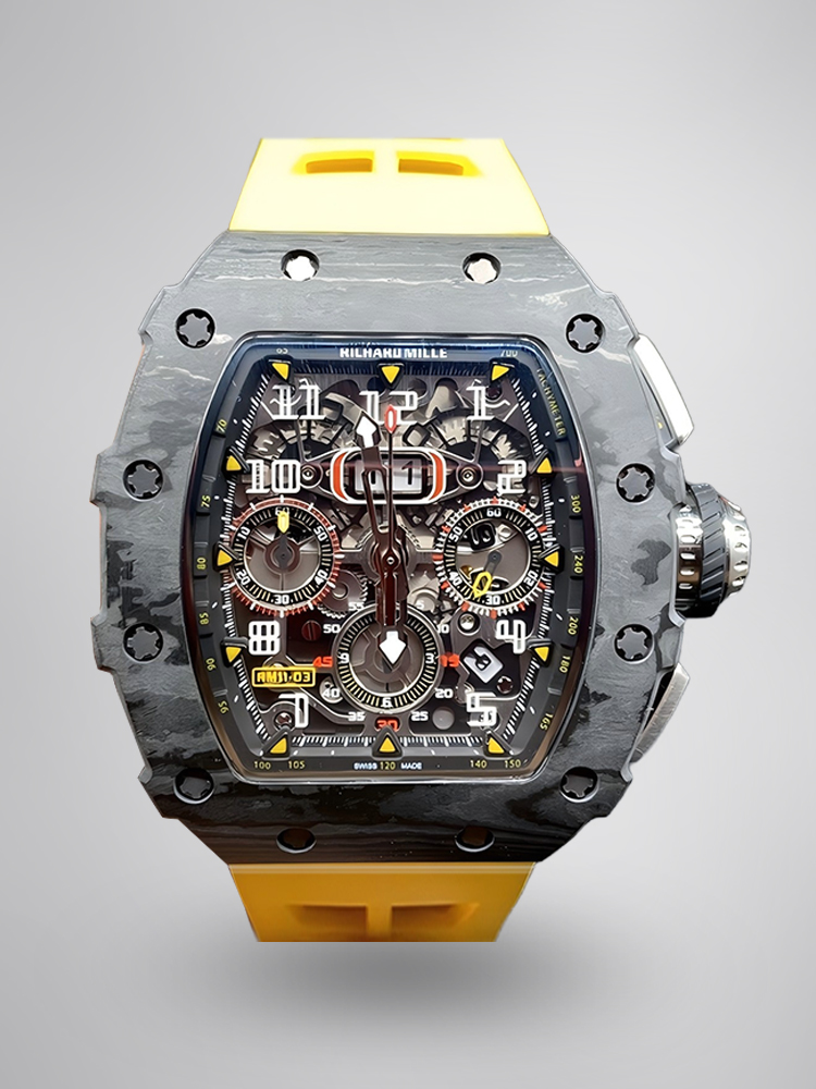 Richard Mille RM 011 Skeleton Dial Black Carbon Fiber Case Yellow Rubber Strap Front View