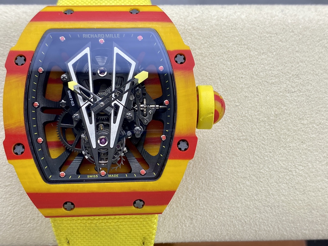 Richard Mille RM27-03 red yellow carbon fiber case yellow strap tourbillon watch detail view