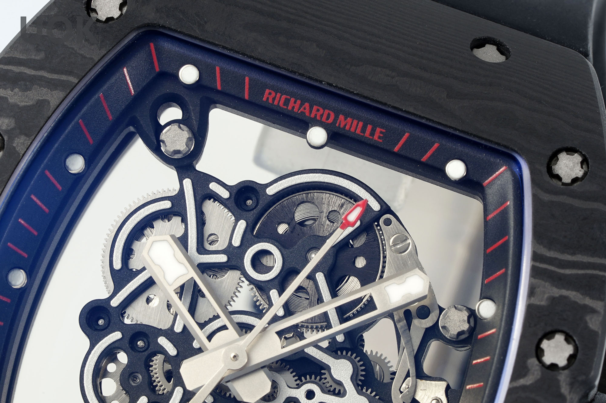 Richard Mille RM055 Skeleton Watch Black Carbon Fiber Black Rubber Strap Dial and Movement Close-Up Detail