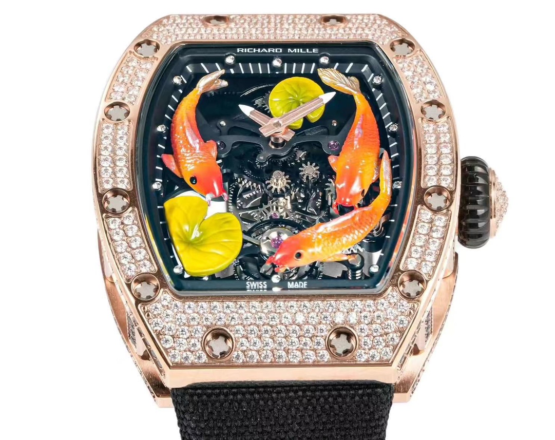 Richard Mille RM S10 Koi Tourbillon Rose Gold Diamond Case Black Nylon Strap Dial Macro Detail View