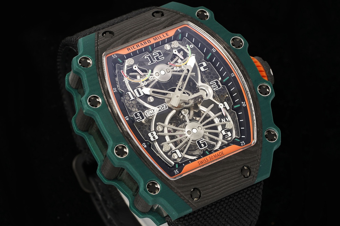 Richard Mille RM21-02 Tourbillon Aerodyne Green Carbon Case Skeleton Dial Black Fabric Strap Angled Side View