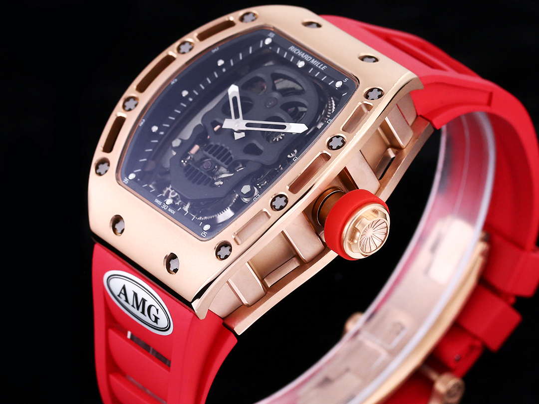 Richard Mille RM052 Collection RM052 Rose Gold Case with Red Rubber Strap Black Skull Skeleton Dial Crown Side Detail View