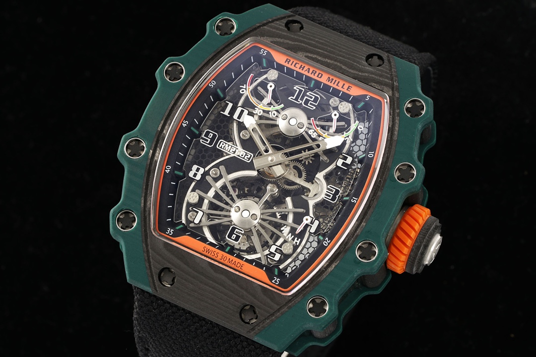 Richard Mille RM21-02 Tourbillon Aerodyne Green Carbon Case Skeleton Dial Black Fabric Strap Angled Front Detail View