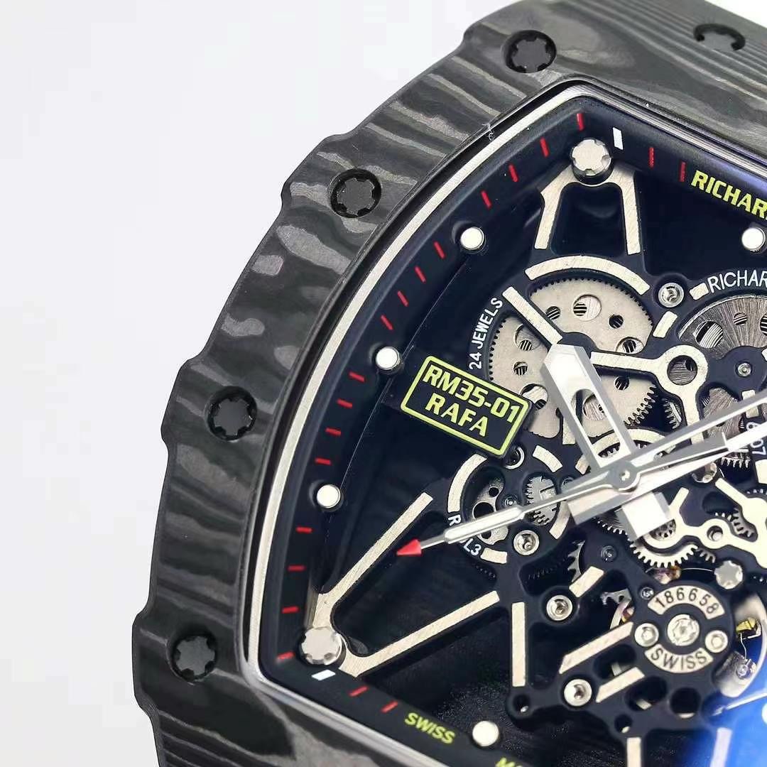 Richard Mille RM35-01 Rafael Nadal Skeleton Carbon Fiber Case White Strap Sport Watch Dial Detail View