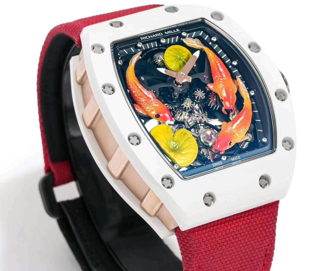 Richard Mille RM S10 Koi Tourbillon Red Nylon Strap White Ceramic Case Side Angle Detail View