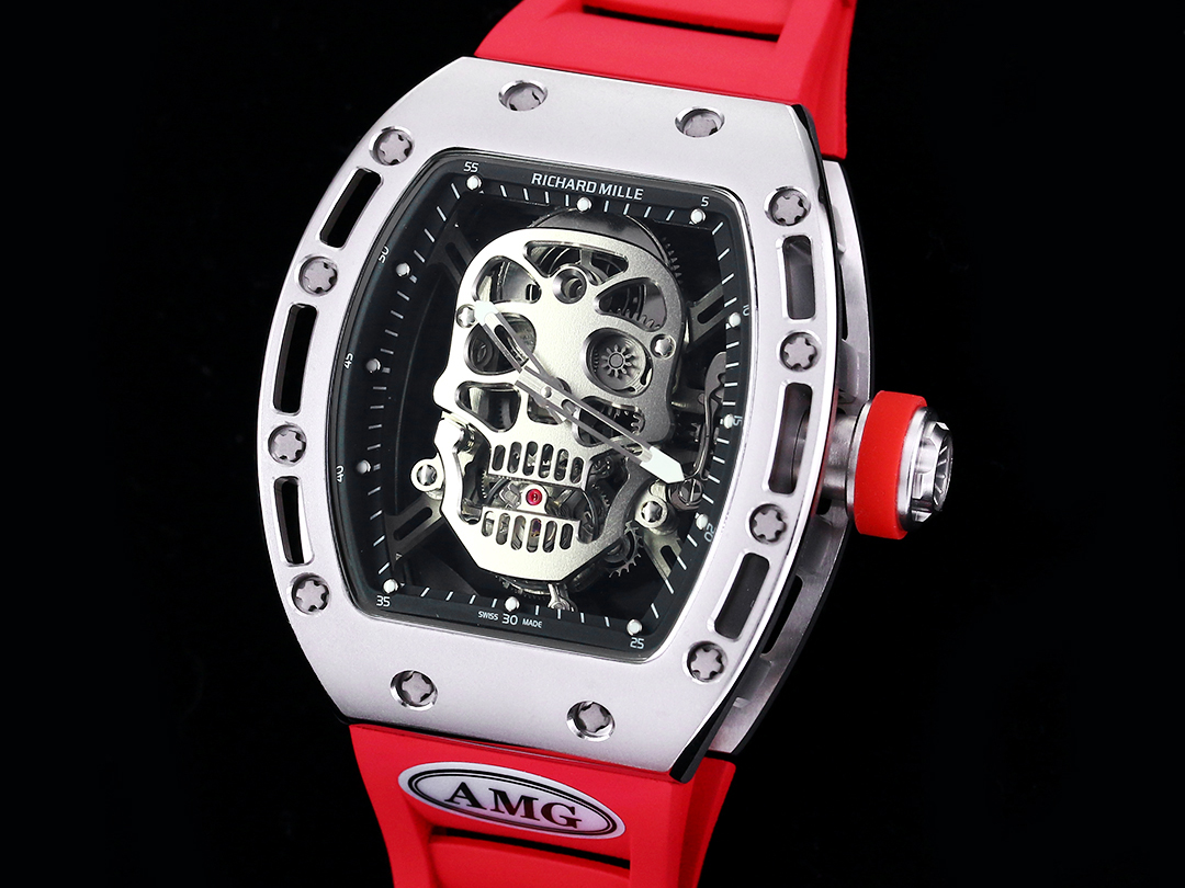 Richard Mille RM52 Tourbillon Red Rubber Strap Silver Case Skull Skeleton Dial Angled Side View
