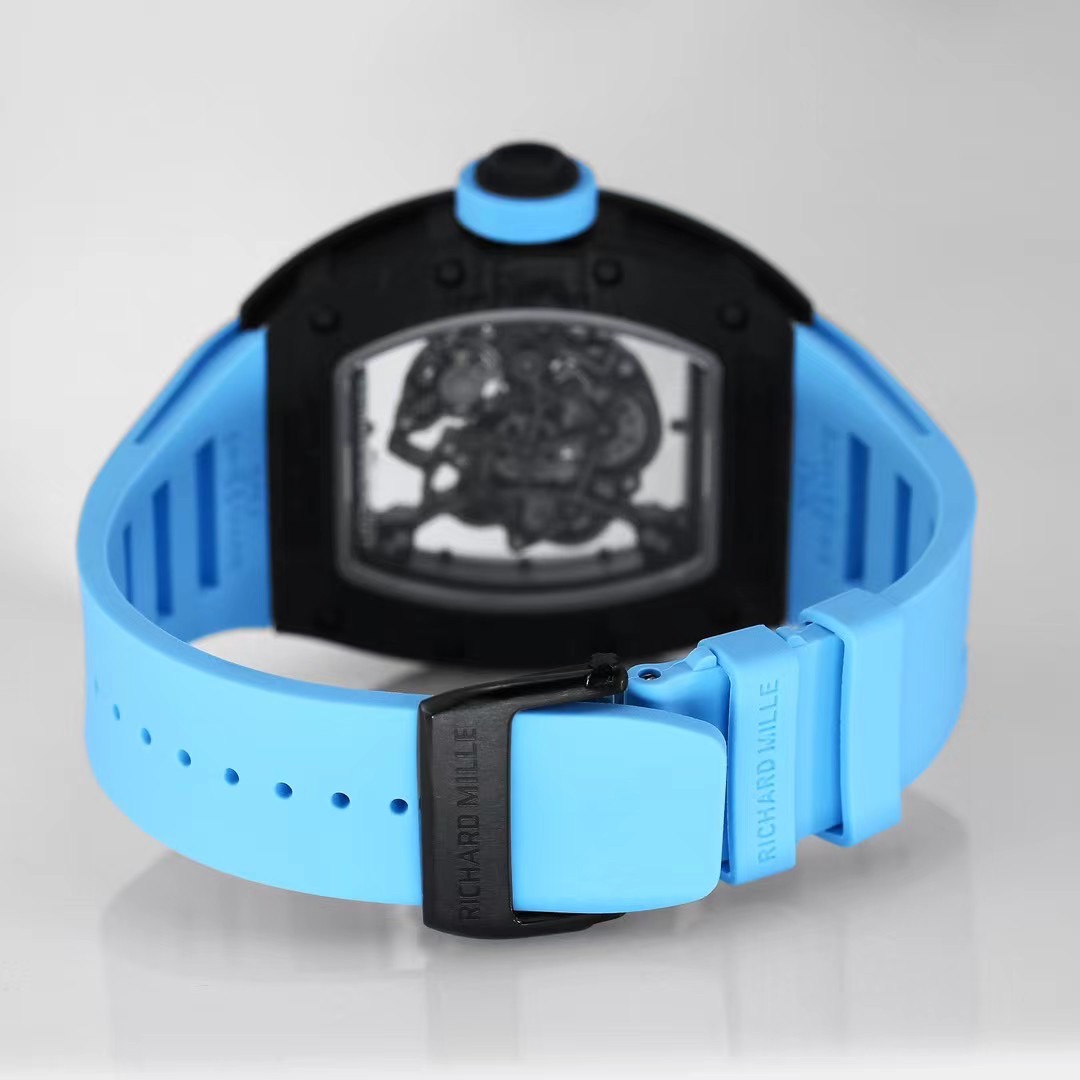 Richard Mille RM055 NTPT Carbon Black Case Light Blue Strap Buckle Caseback Detail View