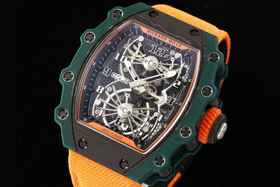 Richard Mille Aerodyne Collection RM21-02 Green Orange Angled Front View Tourbillon Skeleton Structure