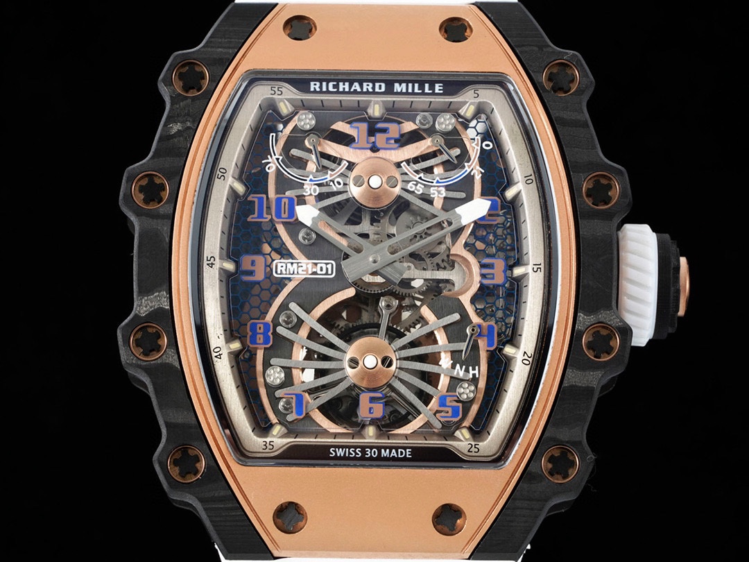 Richard Mille RM21-01 Aerodynamic Tourbillon Carbon Rose Gold Skeleton White Rubber Strap Front View Black Background