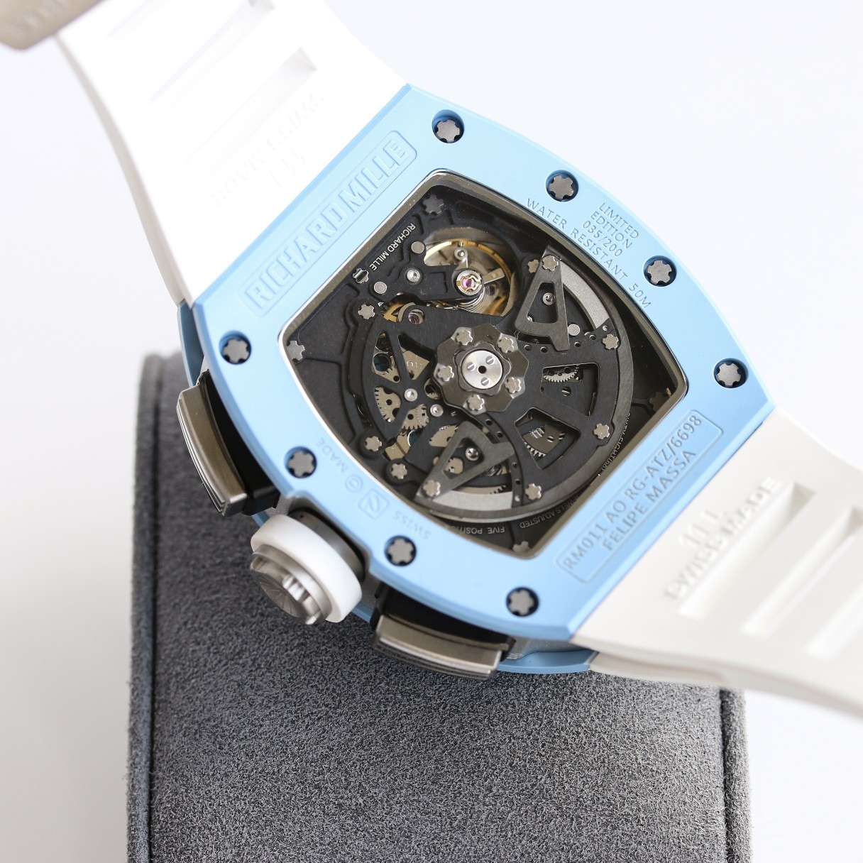 Richard Mille RM Series RM11-03 blue case white rubber strap movement detail view