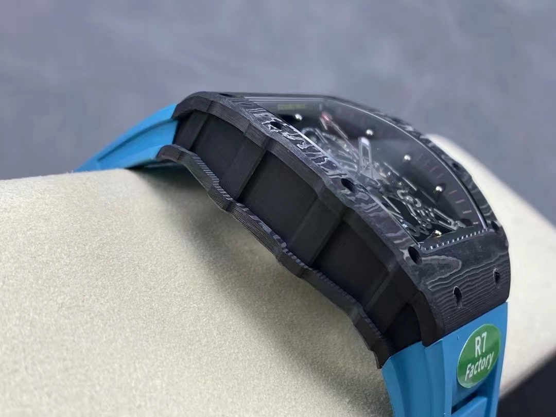 Richard Mille RM Series RM35-02 black NTPT carbon fiber case with blue rubber strap side structure detail view