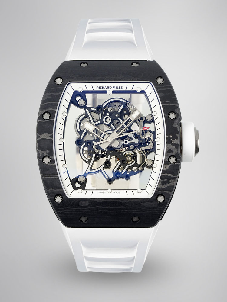 Richard Mille RM055 Carbon Fiber White Rubber Strap Skeleton Dial Front View Luxury Watch