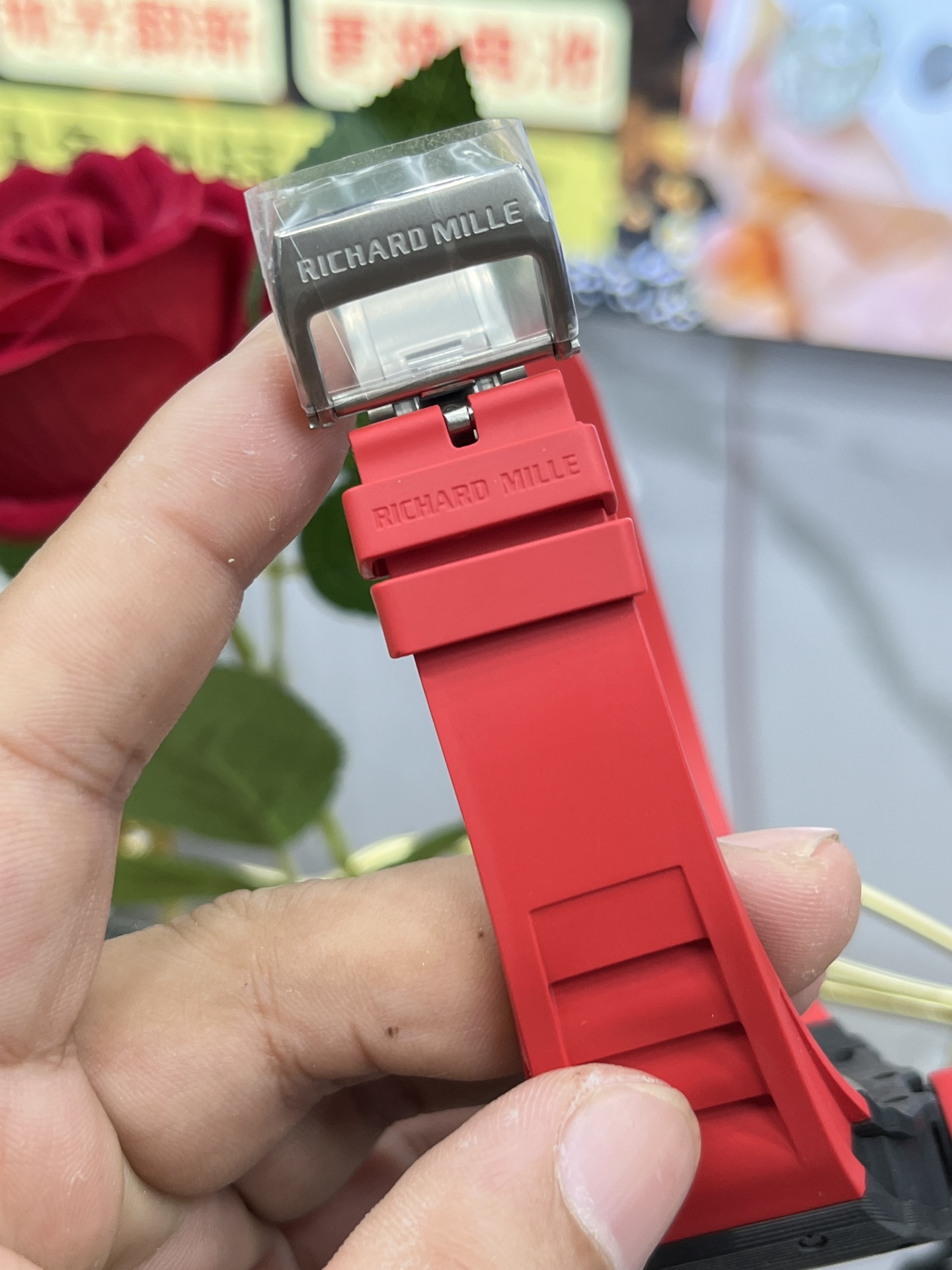 Richard Mille RM35-02 Rafa red rubber strap folding clasp detail view