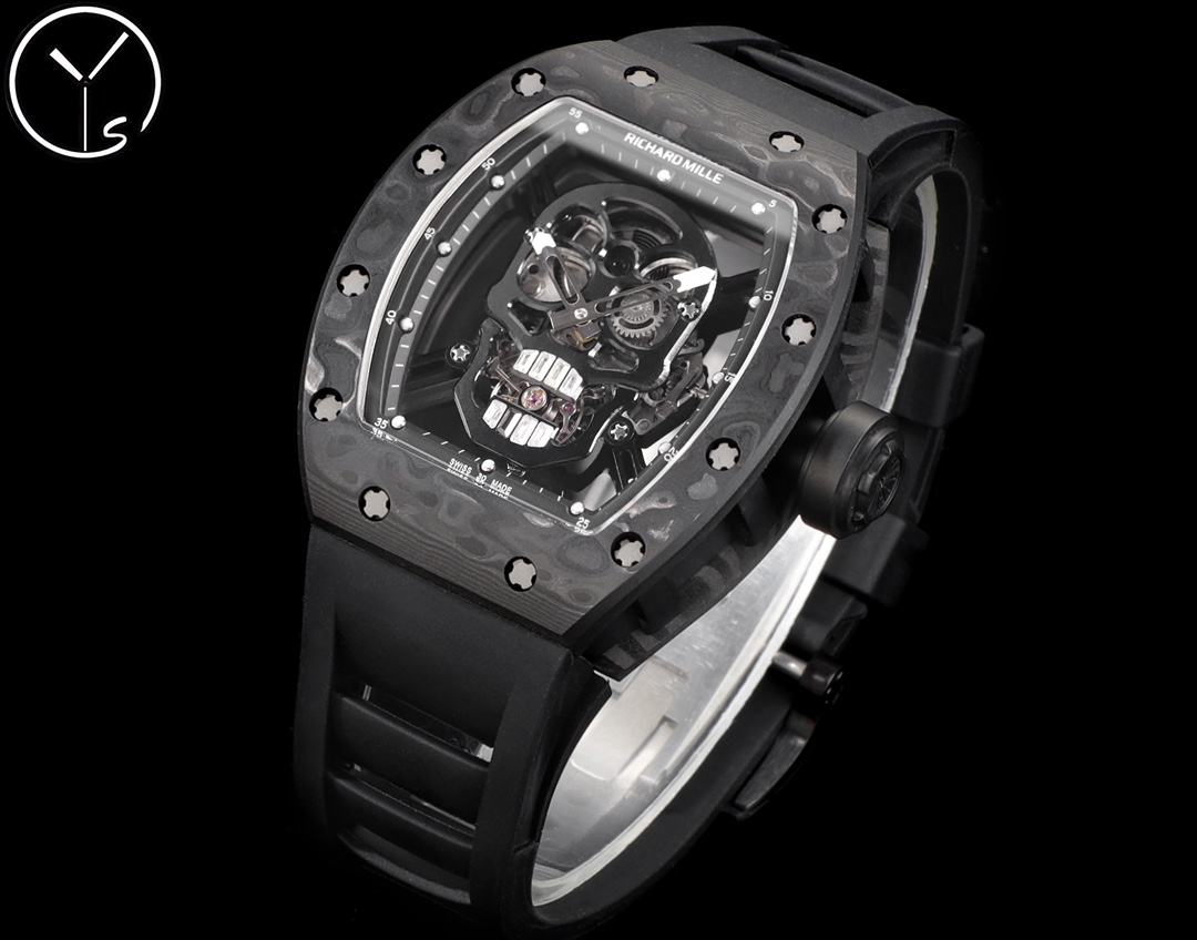 Richard Mille RM Series RM 52-01 carbon fiber camouflage case black rubber strap skull tourbillon dial wrist angle view