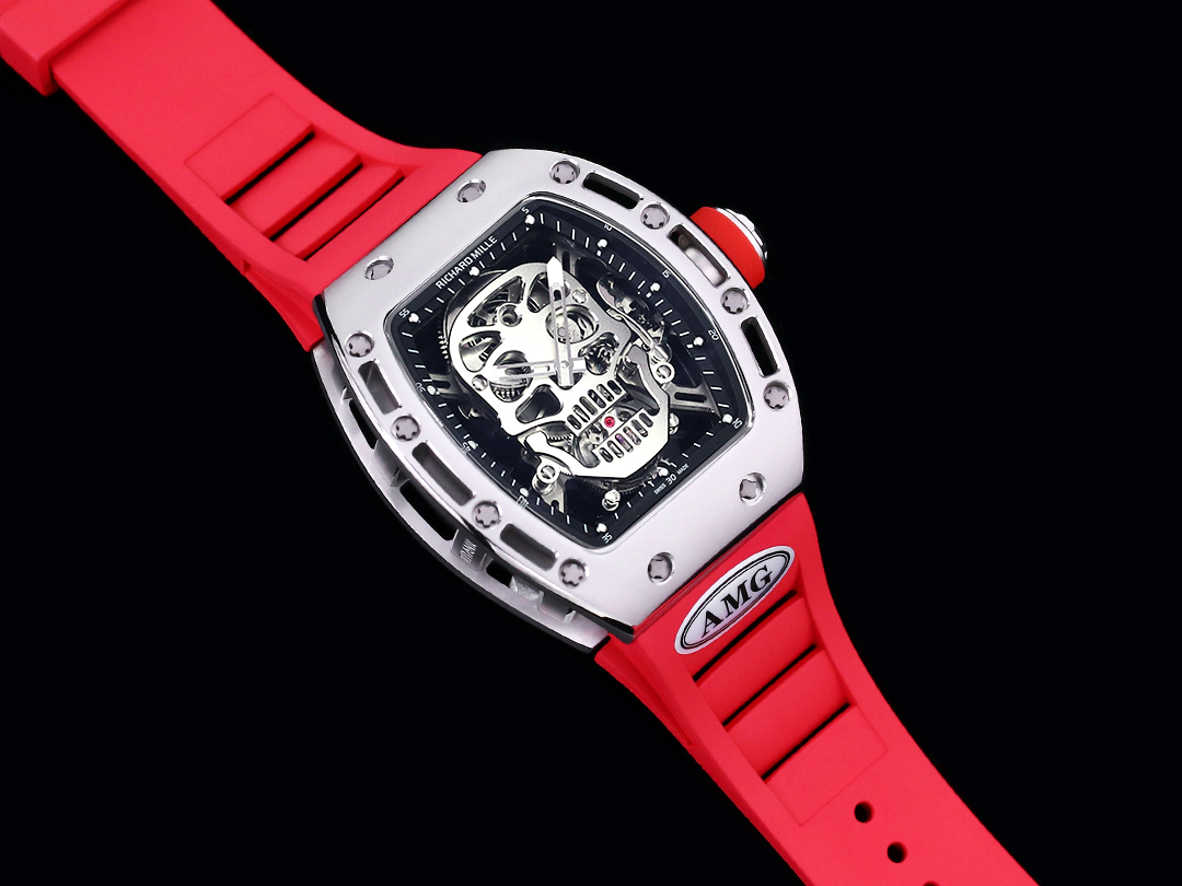 Richard Mille RM52 Tourbillon Red Rubber Strap Silver Case Skull Skeleton Dial Full Watch Angle View