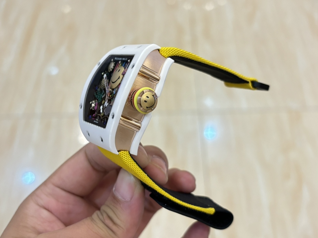 Richard Mille RM 88 Smiley White Case Yellow Nylon Strap Crown Side Detail View