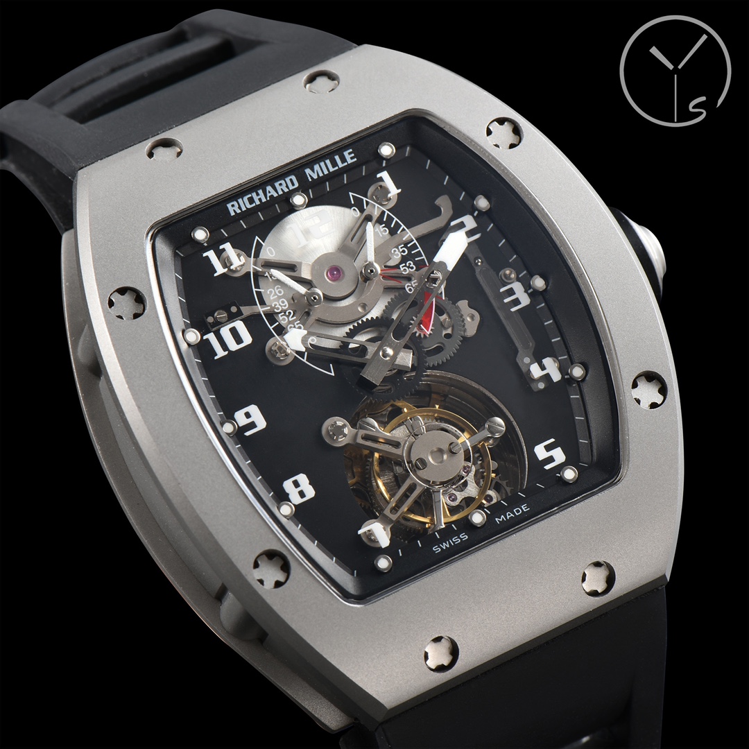 Richard Mille RM001 Tourbillon Titanium Skeleton Black Rubber Strap Angled Case Detail