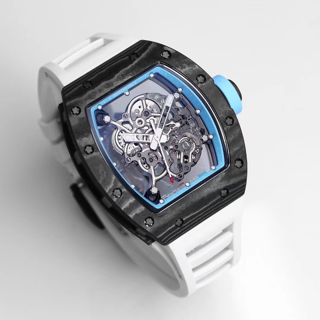 Richard Mille RM055 Skeleton Carbon Fiber Case White Rubber Strap Blue Accents Top Angle View