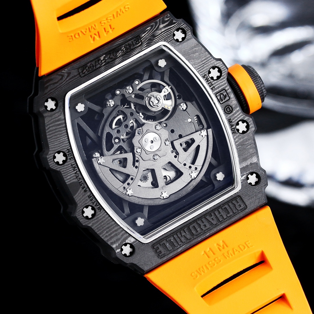 Richard Mille RM35-02 Carbon Case Black Orange Rubber Strap Movement Back View