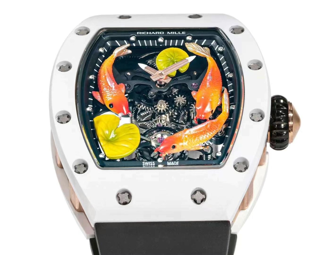 Richard Mille RM S10 Koi Tourbillon Black Rubber Strap White Ceramic Case Dial Close Up View