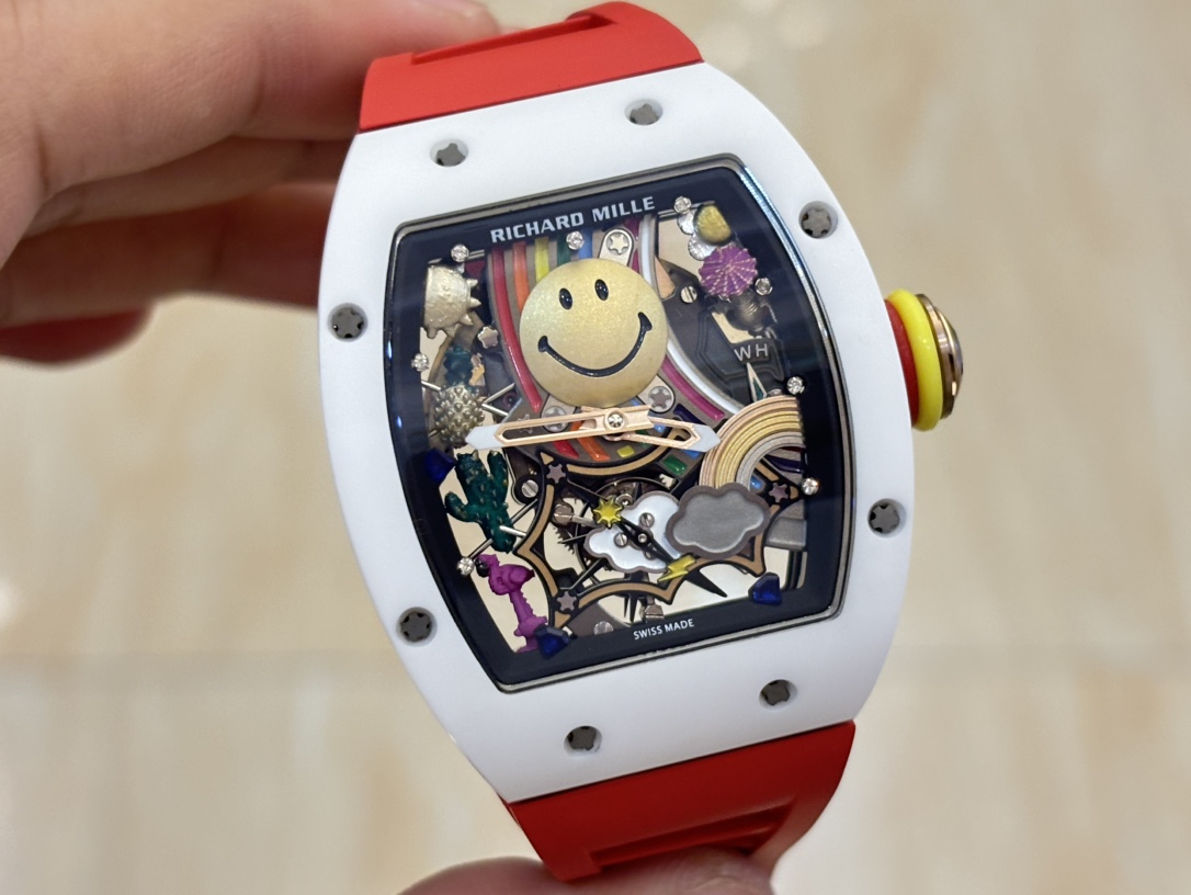 Richard Mille RM88 Smiley Tourbillon White Ceramic Case Red Rubber Strap Detail Front Handheld