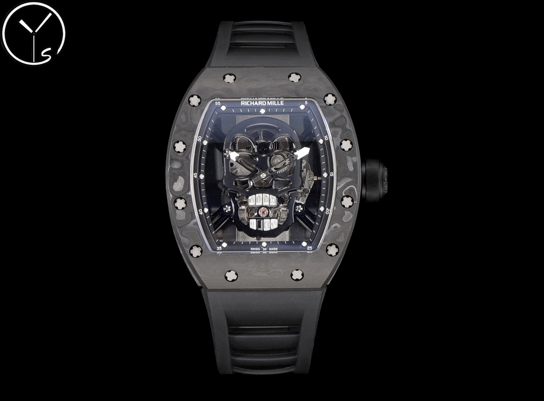 Richard Mille RM Series RM 52-01 carbon fiber camouflage case black rubber strap skull tourbillon dial black background front view