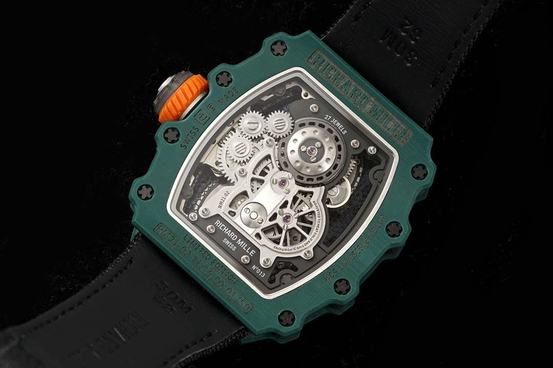 Richard Mille RM21-02 Tourbillon Aerodyne Green Carbon Case Skeleton Dial Black Fabric Strap Caseback Movement View