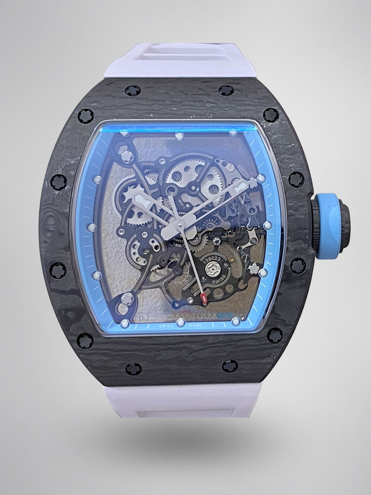 Richard Mille RM055 NTPT Carbon Fiber Light Blue Skeleton Dial White Rubber Strap Front View