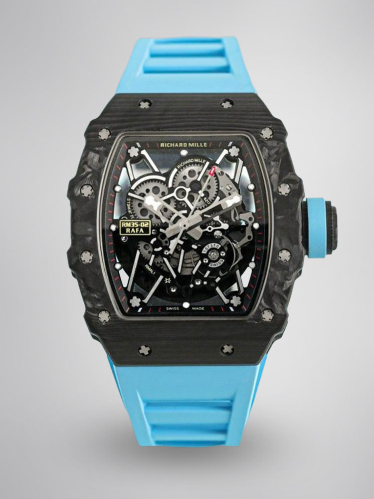 Richard Mille RM Series RM35-02 black NTPT carbon fiber case with blue rubber strap front view