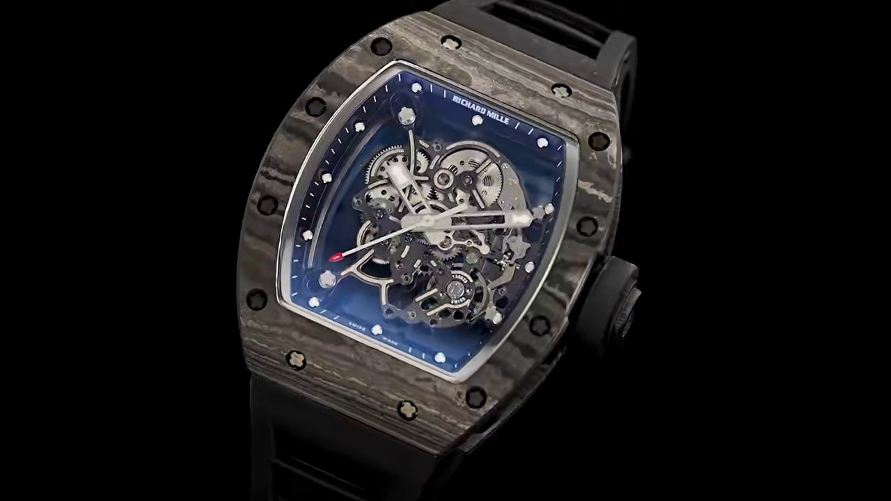 Richard Mille RM55 Skeleton Tourbillon Carbon Fiber Case Blue Dial Black Strap Sport Watch Perspective View