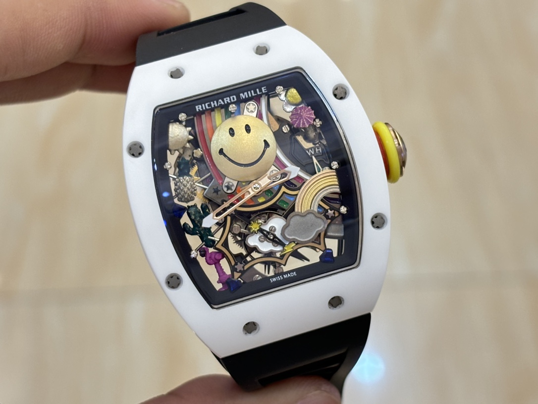 Richard Mille RM88 Smiley V2 White Ceramic Black Strap Skeleton Dial Close Up Angle View