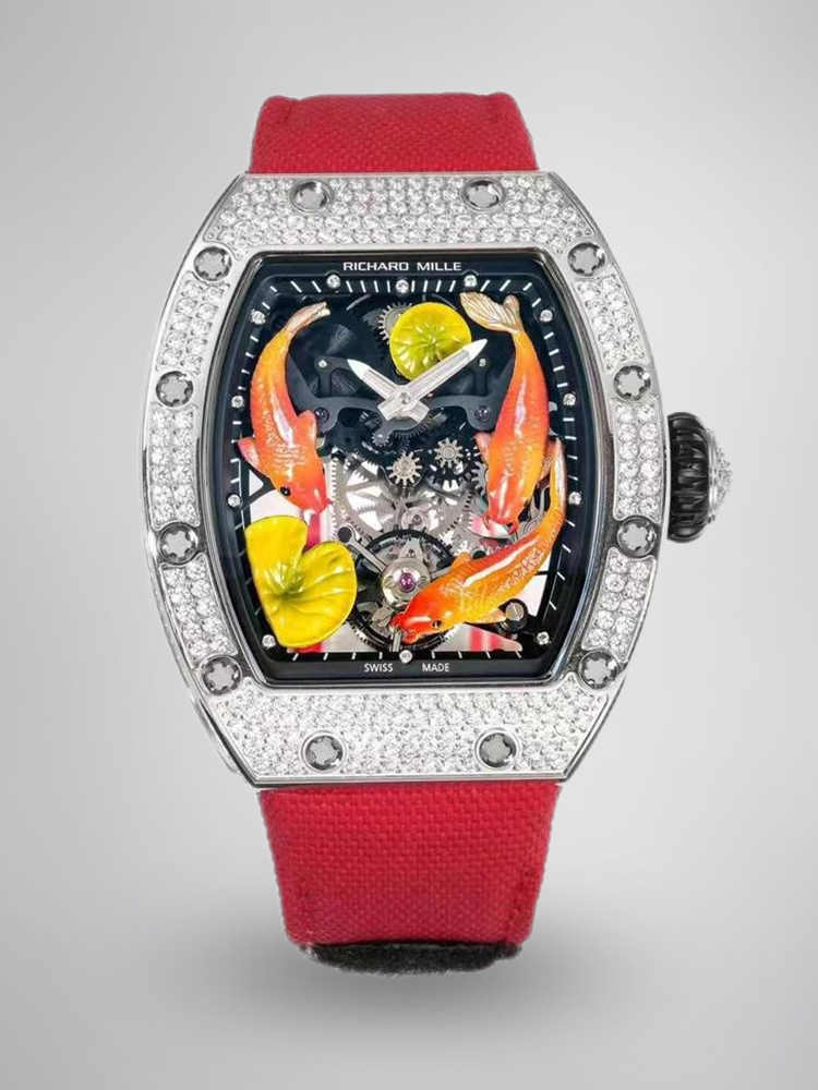 Richard Mille RM S10 Koi Tourbillon Diamond Case Skeleton Dial Red Black Nylon Strap Front View