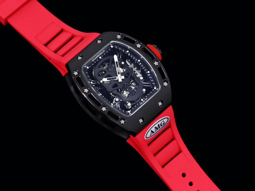 Richard Mille RM052 Titanium Skeleton Tourbillon Black Case Red Rubber Strap Black Skull Dial Angled Full Watch View