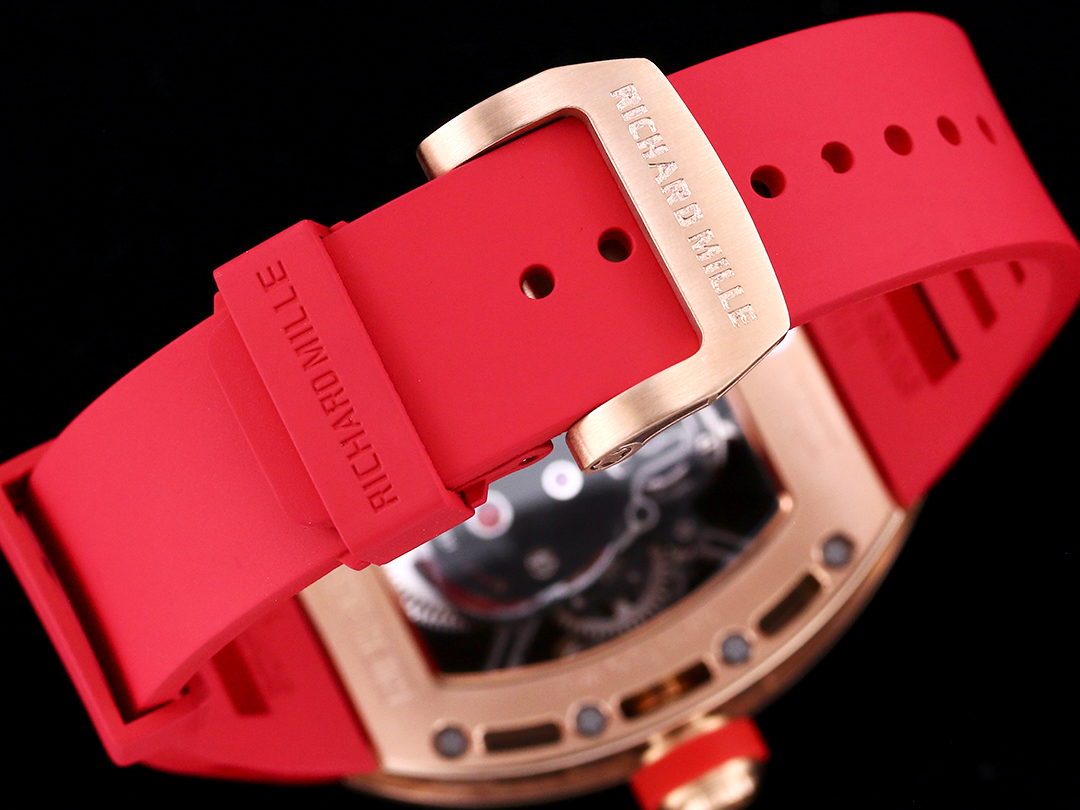 Richard Mille RM052 Collection RM052 Red Rubber Strap with Rose Gold Buckle Detail Close-up View