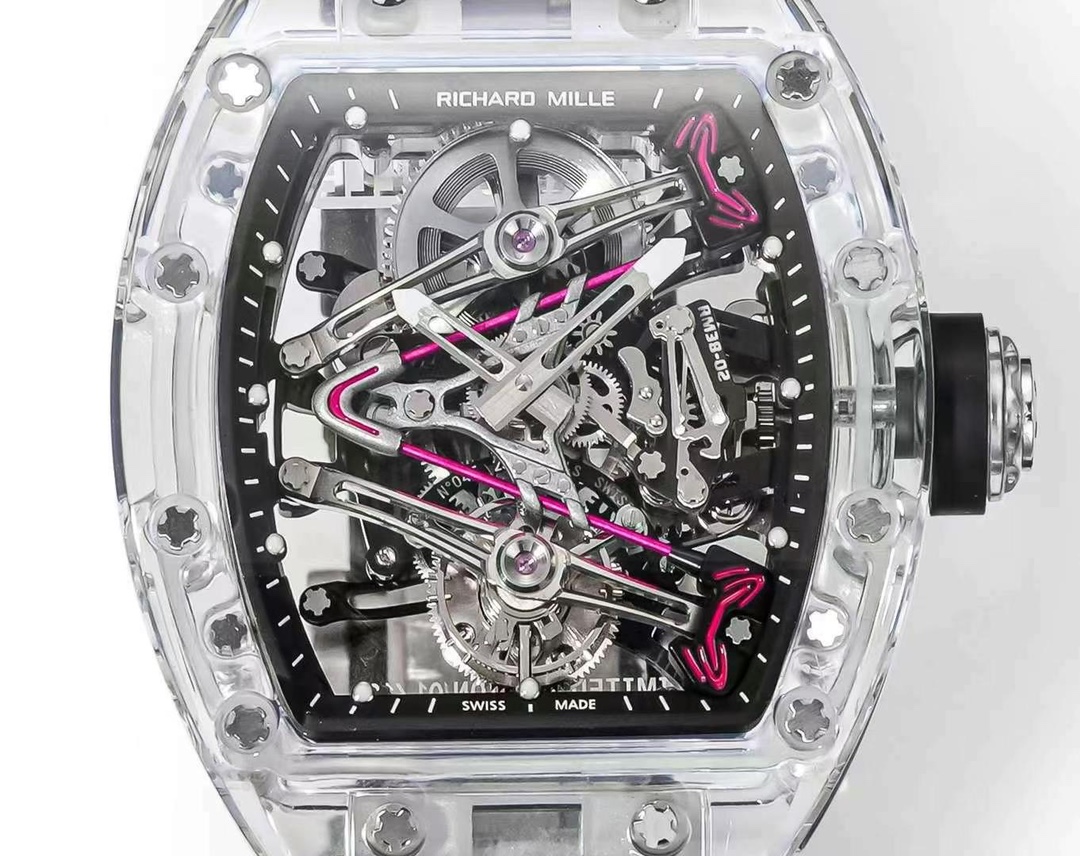 Richard Mille RM Series RM 38-02 transparent sapphire case black rubber strap skeleton movement detail view