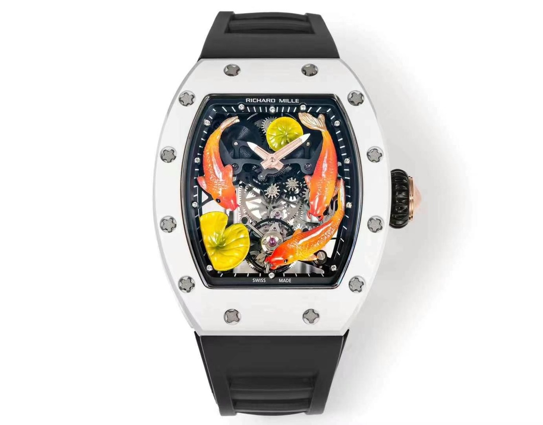 Richard Mille RM S10 Koi Tourbillon Black Rubber Strap White Ceramic Case Full Watch Straight View