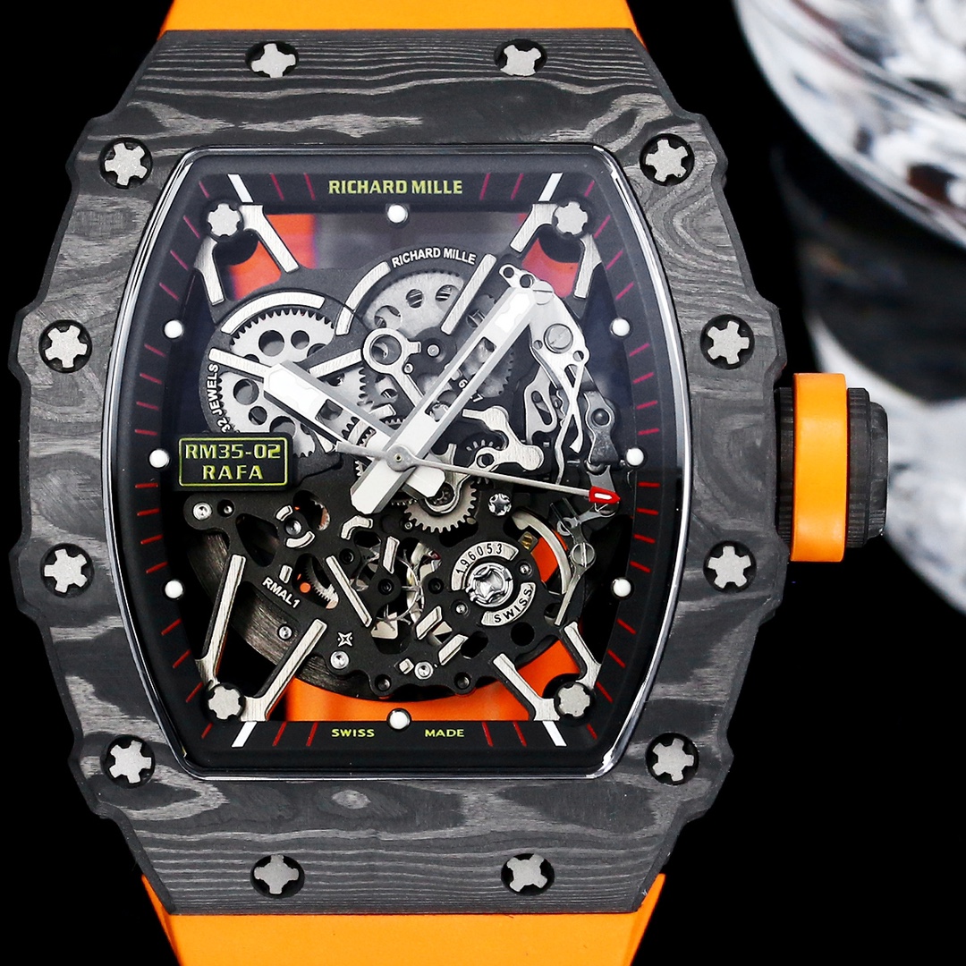 Richard Mille RM35-02 Carbon Case Black Orange Rubber Strap Skeleton Dial Detail View