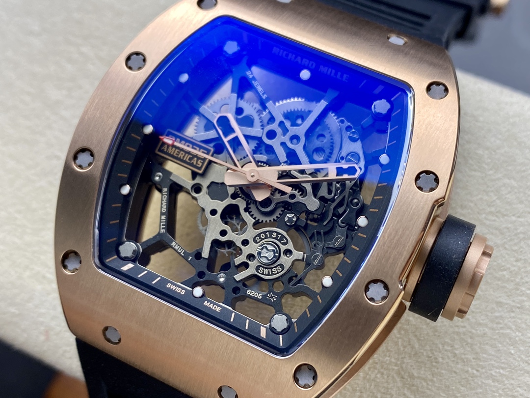 Richard Mille RM035 Americas Edition Rose Gold Case Black Rubber Strap Angled Dial Detail View