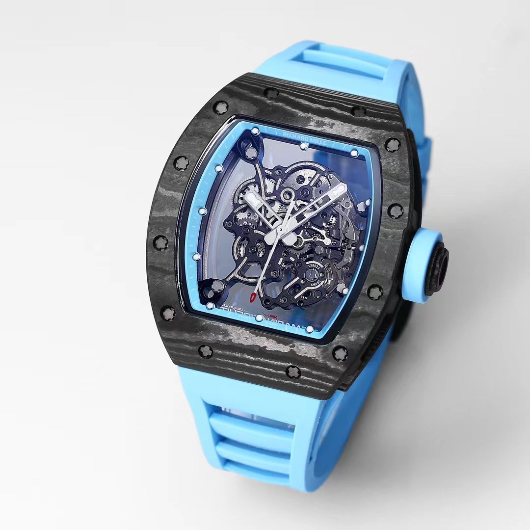 Richard Mille RM055 Black NTPT Carbon Light Blue Strap Skeleton Dial Front View Watch